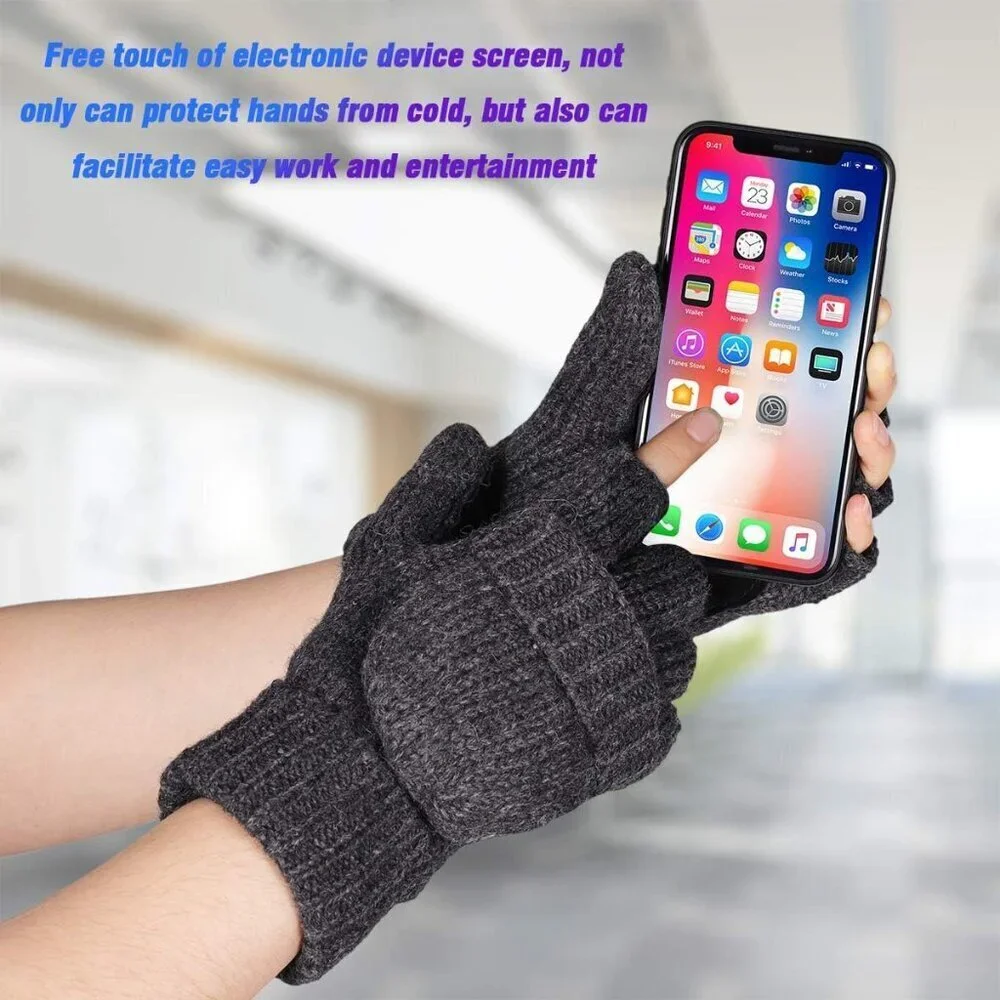 Women's Grey Winter Warm Thermal Insulation Fingerless Texting Wool Gloves